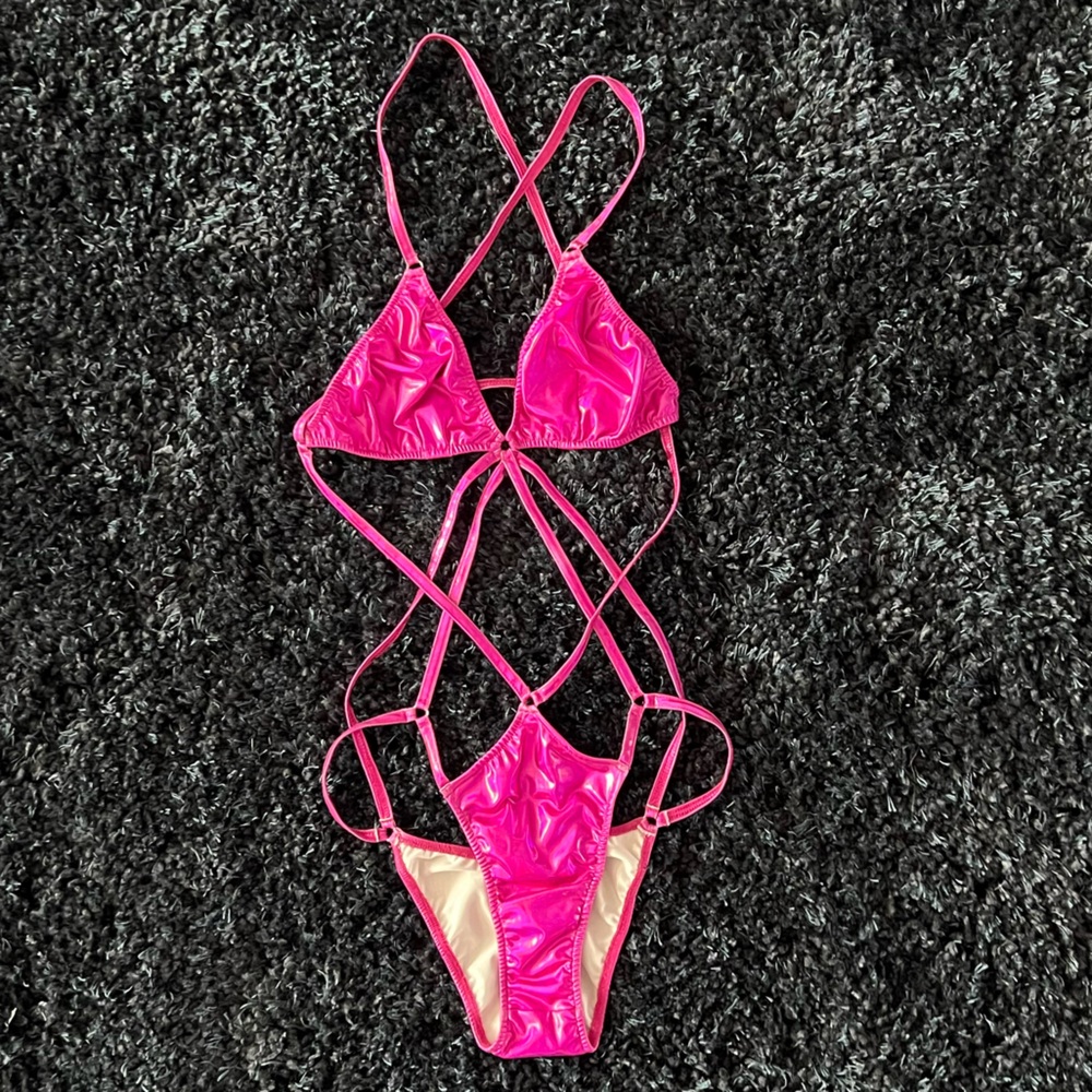 Club Exx Strappy Metallic Pink Bodysuit